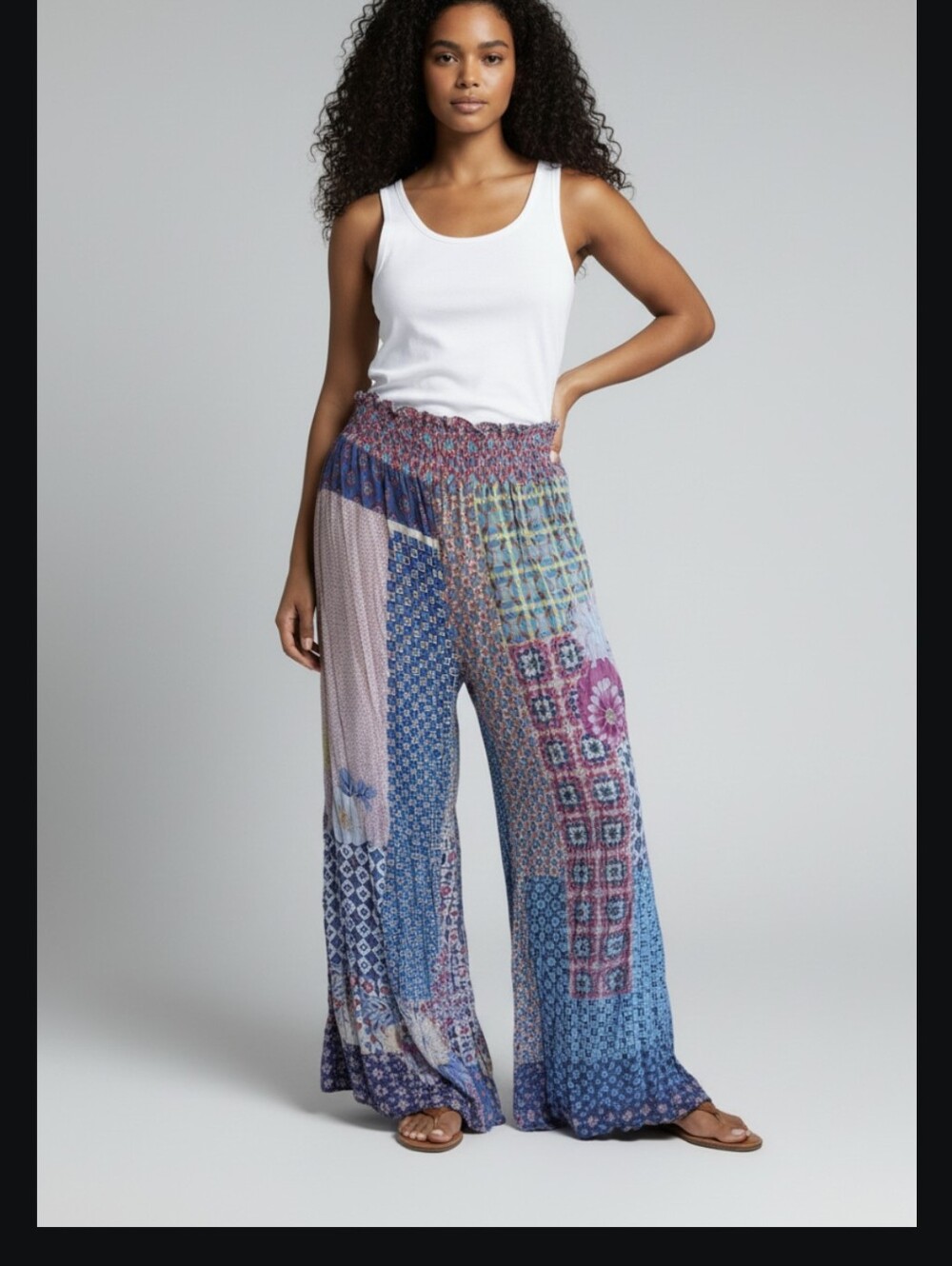 Johnny Was Patchwork Wide-Leg Pants in Blue & Pink